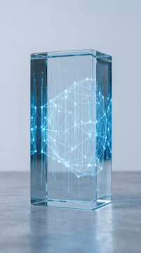 Financial audit concept with transparent glass prism and glowing digital network symbolizing secure data analysis and modern accounting technology