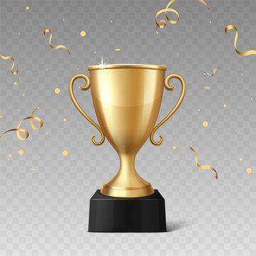 Trophy Cup Vector Illustration. 3d Gold Trophy Award. Winner Prize Cup with Confetti for Championship, Competition, Achievement, Success, Sports, Victory Celebration, Medal Ceremony, Winner Design