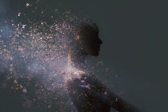 Female silhouette fracturing into glittering particle swarms and dust for abstract technology background and futuristic banner design