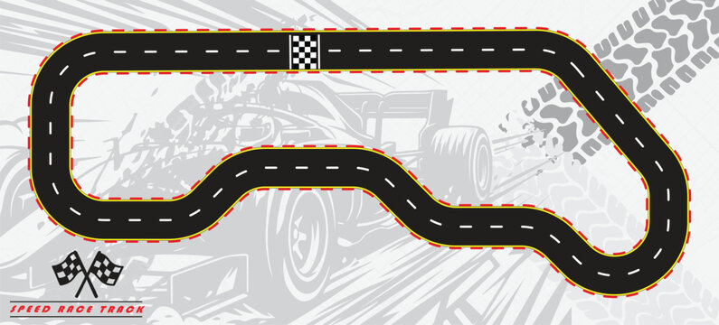 Speed Race Background. Race track in black color with tyre marks and city map on a white background.