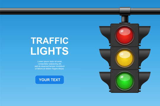 Traffic Light Hanging on Horizontal Pole, Vector Illustration. Red Yellow and Green Signal Lights on Blue Background. Road Safety and Transportation Control Symbol. Urban Street Regulation