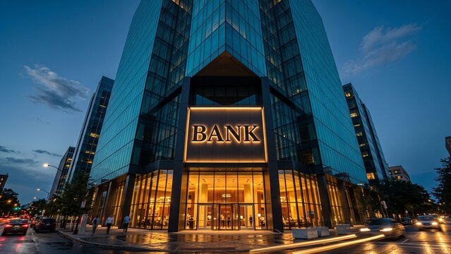 Modern Bank Building with Illuminated Sign in the Evening