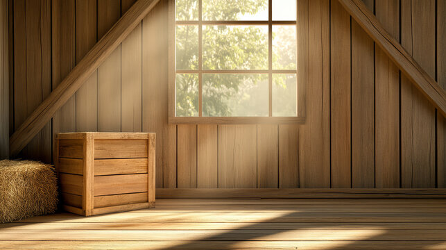 Serene barn interior with sunlight streaming through window, illuminating wooden crates and hay