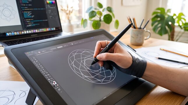 Digital artist drawing on graphic tablet with stylus, professional illustrator workspace, creative designer working in bright studio