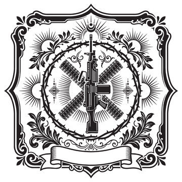 Mystical machine gun tarot card design with occult and esoteric symbols, thorns, and sunburst in an ornate vintage crest