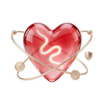3D red heart with EKG heartbeat line and golden orbital rings with small hearts, atomic structure design for medical health, love, science, and Valentine's Day design projects.