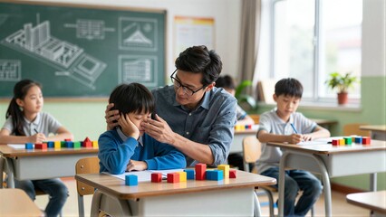 Obraz premium Teacher gently guides student with colorful blocks in bright classroom setting.