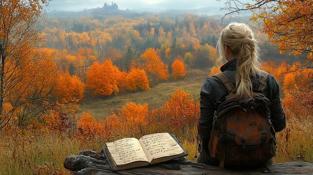 Woman with a backpack enjoying a scenic autumn landscape with vibrant foliage