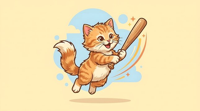 Energetic cartoon ginger kitten jumping while swinging wooden bat in baseball game
