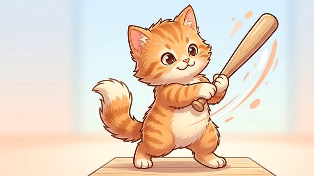 Cute cartoon ginger kitten holding wooden baseball bat ready for sports game
