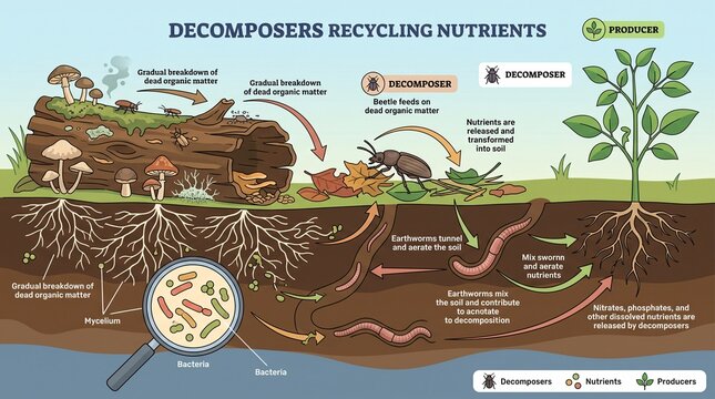 Educational infographic showing decomposers recycling nutrients