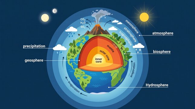 Earth cross section showing internal layers and planetary spheres