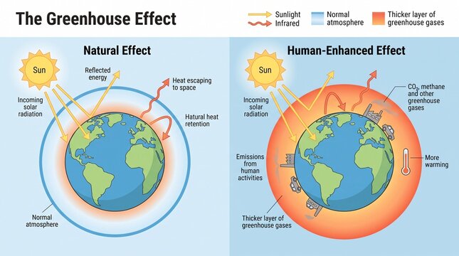 Greenhouse effect comparison between natural and human enhanced cycles