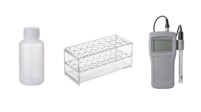 Sample bottle rack and conductivity meter trio isolated PNG cutout