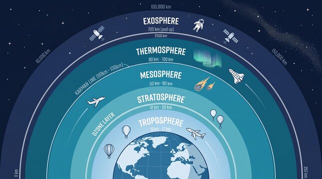 Earth atmosphere layers infographic showing altitude levels