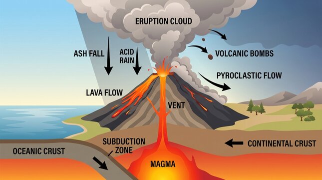Volcanic eruption diagram with tectonic subduction zone and magma flow