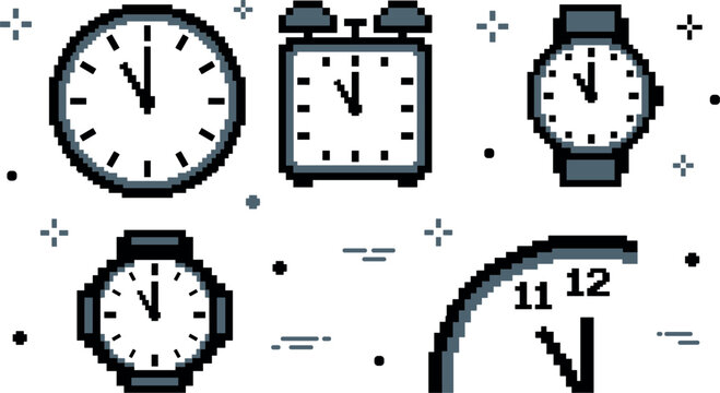 Pixel art clock icon vector set featuring retro 8-bit style elements of wall clocks alarm clocks wristwatches and countdown timer graphic layouts
