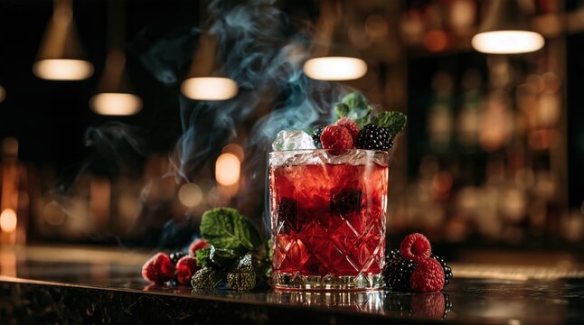 Craft cocktail with red berry garnish and rising blue smoke on dark bar counter for night concept background banner layout