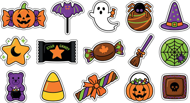 Halloween candy and spooky element sticker vector set featuring cute ghost, pumpkin, witch hat, and star icons