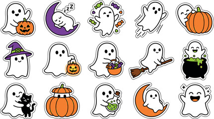 Obraz premium Halloween cute ghost sticker vector sheet featuring cartoon phantom characters with pumpkin candy basket witch broom and potion bottle