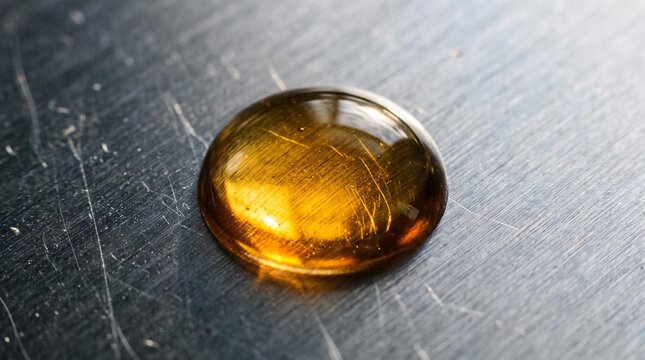 Macro detail of a golden, viscous droplet with internal striations, reflecting light on a textured metal surface, emblematic of material analysis and scientific study