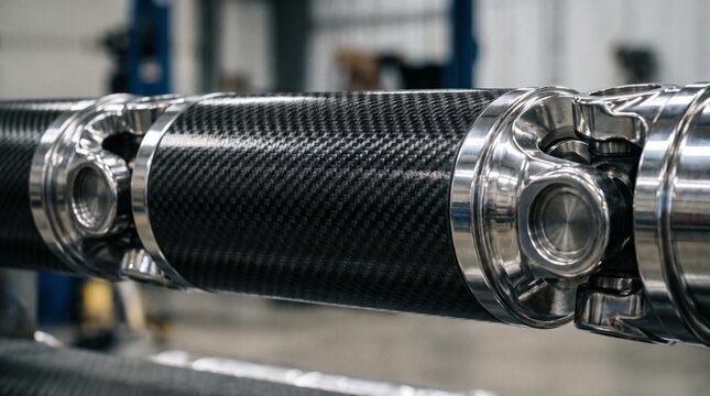 High-Performance Carbon Fiber Drive Shaft with Polished Metal Universal Joints, Showcasing Advanced Automotive Engineering and Lightweight Design for Enhanced Vehicle Dynamics