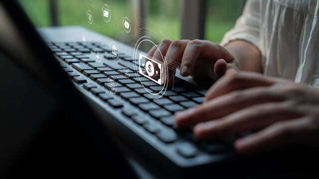 A fintech concept showing a network of digital banking services. This includes secure online payments, global transactions, and e-commerce for the modern financial system. Fermion
