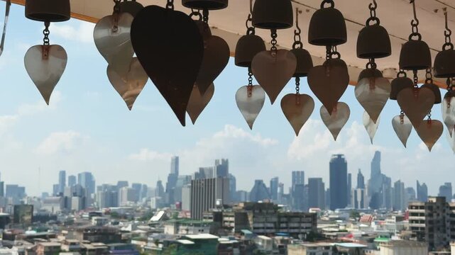 Rows of Bronze Wish Bells at Wat Saket Golden Mount and cityscape in the background