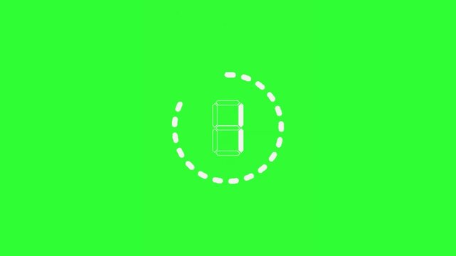 Digital countdown animation featuring large white seven-segment numbers changing in sequence on a bright green screen background, with a circular progress indicator above the number. Ideal for timers,