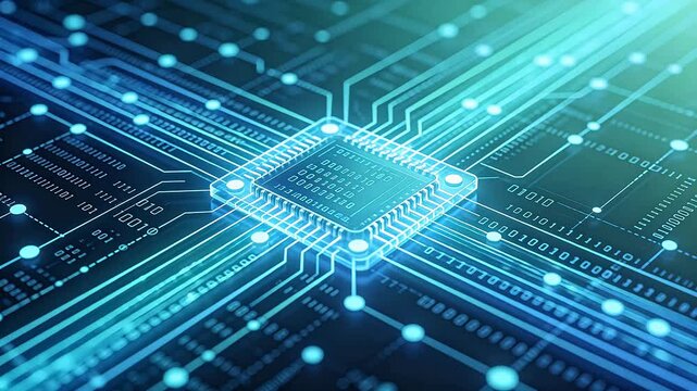 Integrated circuit chip with glowing blue lines and binary code on dark background