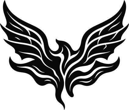 Stylized tribal phoenix bird silhouette graphic design element with mythical silhouette firebird