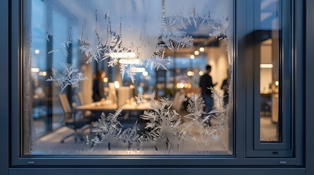 Photorealistic frost patterns on window glass overlooking blurred modern office interior with warm evening lights