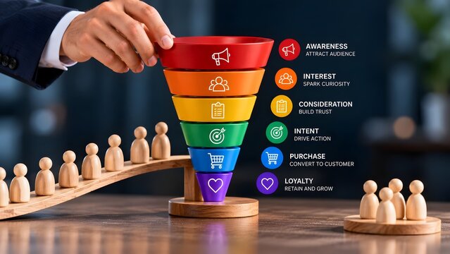 Hand assembling 3d marketing funnel as wooden figures walk up ramp illustrating customer journey process