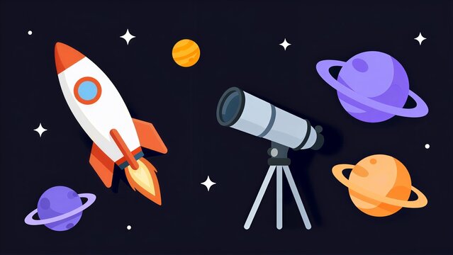 Rocket flies past planets, telescope observes space with stars twinkling in dark sky.