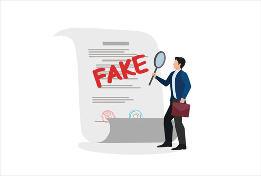Fake degree certificate, fake report or invalid data, business fraud concept, void contract or fake contract, businessman analyzing fake degree certificate with magnifying glass.

