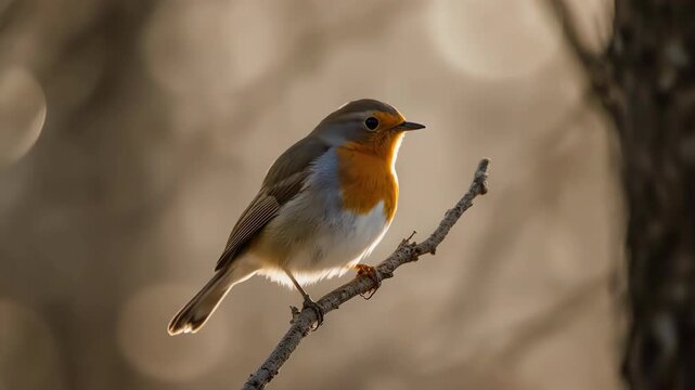 Close-up eye-level shot of a robin perched in branch