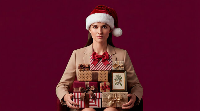 Elegant woman in santa hat and beige suit holding stack of wrapped christmas presents