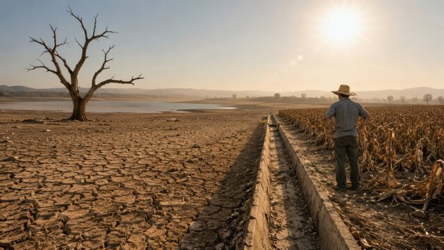 farmer observes a cracked, dry field and dead tree under a harsh sun, highlighting drought and environmental stress on agriculture.