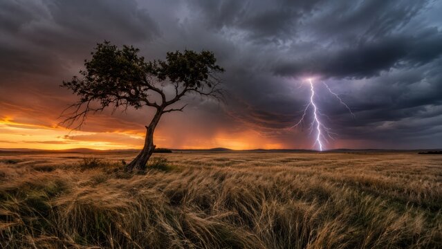 solitary tree stands in a golden field under a dramatic sky with storm clouds and a vivid lightning strike at sunset.