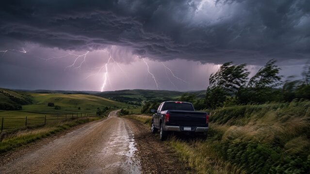  black pickup truck parked on a rural dirt road under a stormy sky with multiple lightning strikes illuminating the landscape.