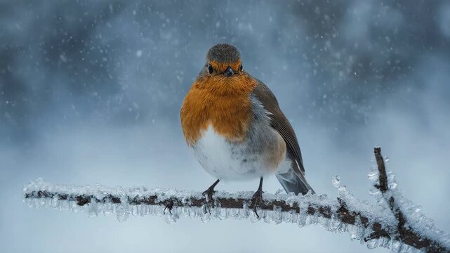 Close-up eye-level shot of a robin perched in branch