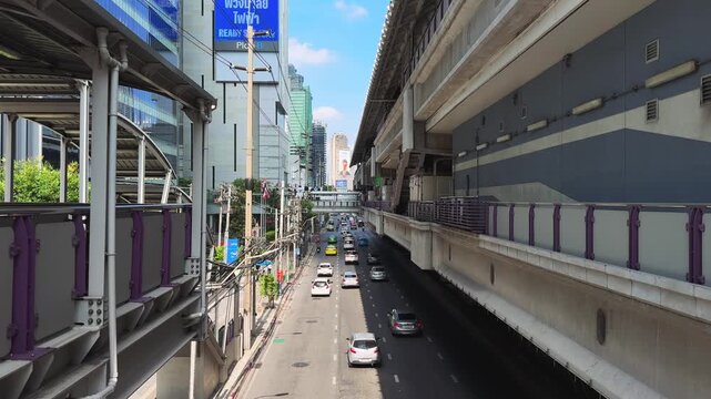 View of BTS Skytrain Track above city road from Pedestrian Skywalk