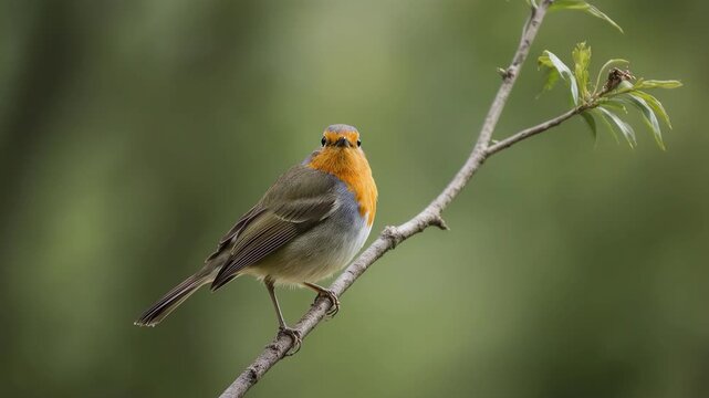 Close-up eye-level shot of a robin perched in branch