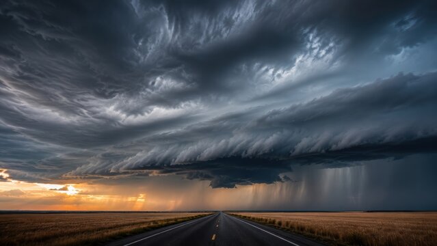 dramatic storm with dark swirling clouds looms over an empty road stretching into the horizon across flat fields during sunset.