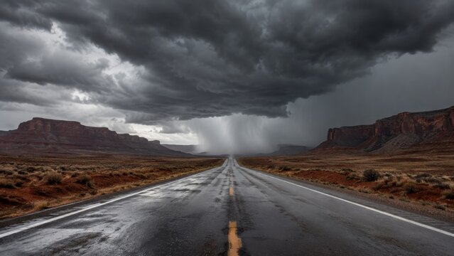 wet road stretches toward distant storm clouds with heavy rain falling between rugged mesas under a gloomy, overcast sky.