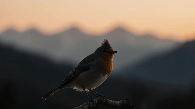 Close-up eye-level shot of a robin perched in branch