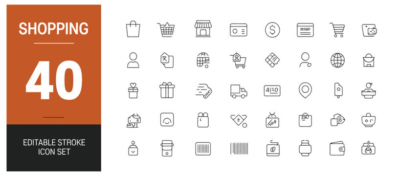 Line art shopping icons for online stores, retail, and sales with bags, carts, and price tags.