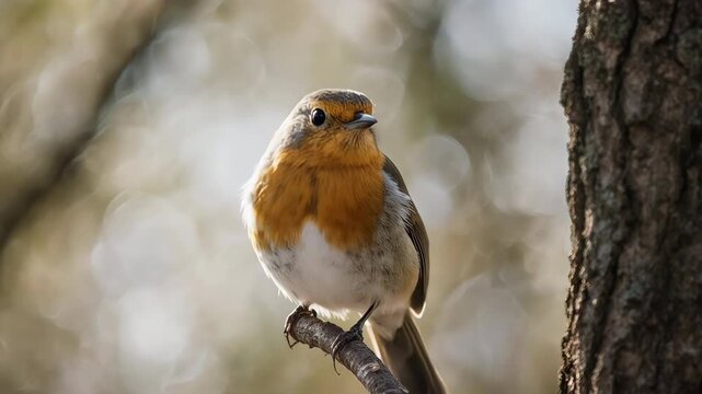 Close-up eye-level shot of a robin perched in branch