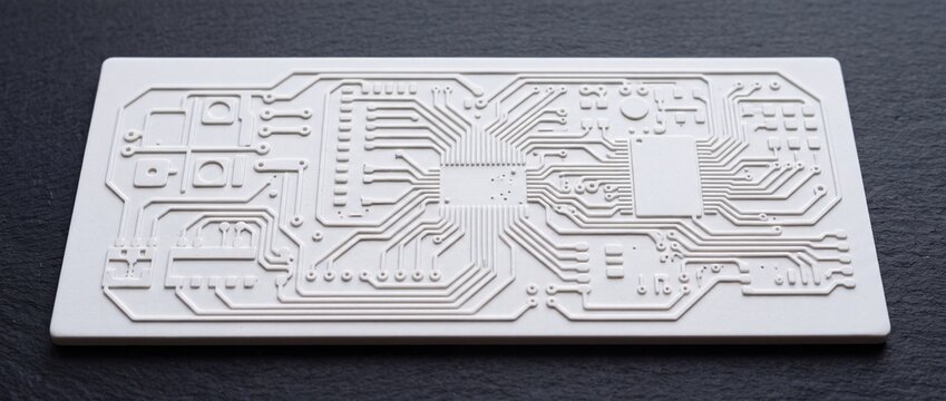 White electronic circuit board relief plate on dark textured background for modern industrial hardware design aesthetics.