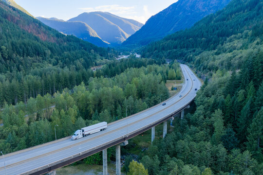 Scenic Coquihalla Highway Bridge Through Mountain Forests Near Hope, British Columbia, Canada